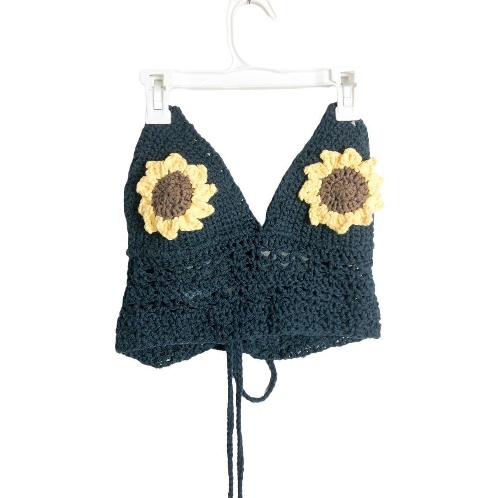 Handmade Crochet Sunflower V Neck Halter Tank Top Blue Yellow Womens Large